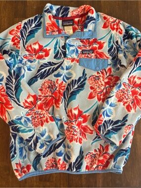 Patagonia Synchilla Floral Snap-T Fleece Pullover - Light Blue, Coral & Navy